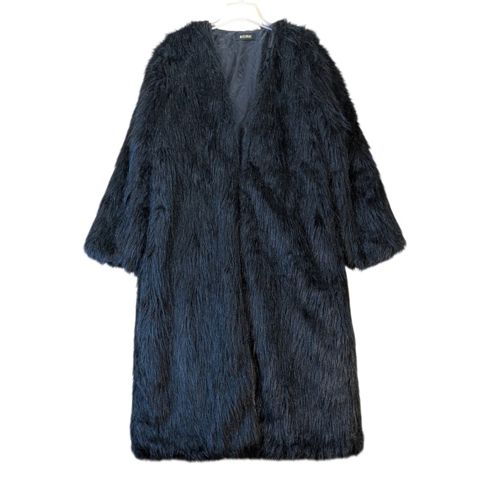 Aixirui Womens Black Faux Fur Coat Large Shaggy Longline Open Front Jacket Lined
